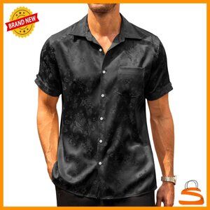 Silk Satin Button Down Shirt Short Sleeve Loose Fit Jacquard Design Summer